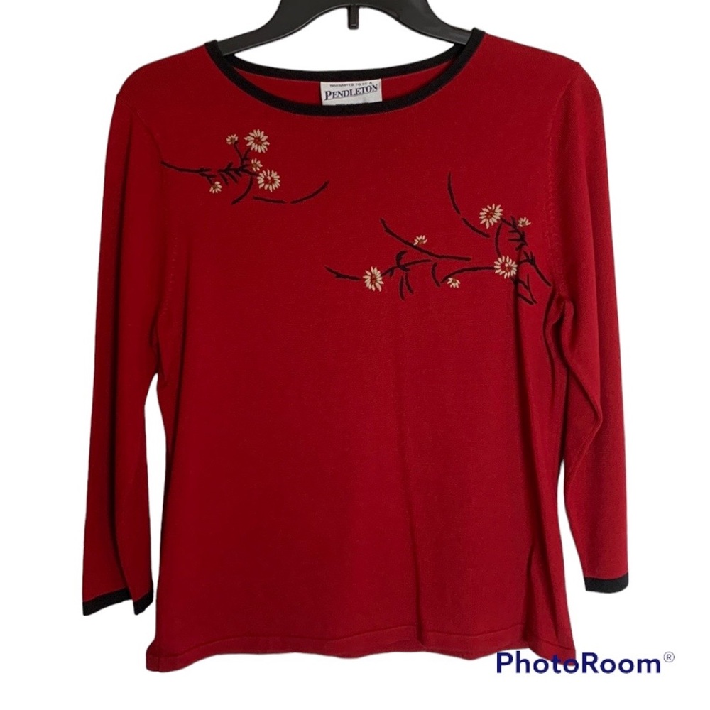 Pendleton Red Floral Detail Vintage Sweater Silk Blend NWT